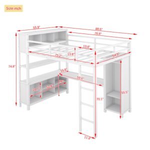 Linique Full Size Metal Loft Bed with L-Shape Desk, Wardrobe and Storage Shelves, Full Length Guardrail and Ladder, White