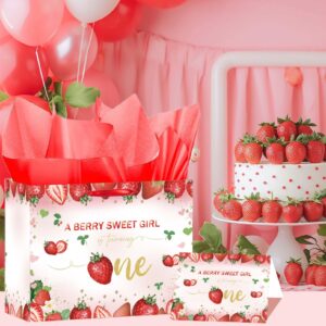 SUNDECO Strawberry Themed 1st Birthday Gift Bag with Red Tissue Paper and Card – Large Baby Girl Gift Bag for Birthday, Baby Shower, Berry First Birthday Decor, Baby Wrapping Paper Set