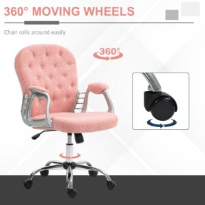 Vinsetto Teddy Fleece Home Office Chair, Button Tufted Desk Chair with Padded Armrests, Adjustable Height and Swivel Wheels, Pink