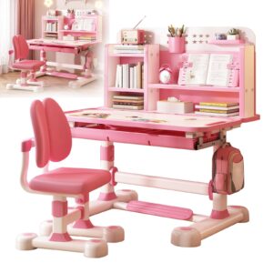 small desk, kids study desk chair set, height adjustable children school study table chair set with sitting corrector, ergonomic desk chair with book stand, foot pedal, partition design (pink1)