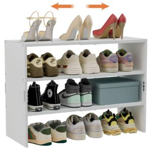 white shoe rack organizer for closet, 3-tier expandable shoe shelf, stackable iron wood combination shoe racks shelves for closets, entryway,small space,hallway,garage,holds 8-16 pairs of shoes