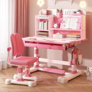 kids desk and chair set, height adjustable kids study desk with cartoon pattern, widened tabletop, tiltable reading stand, back support & spine protect, prevent myopia, for boys & girls (pink-b)