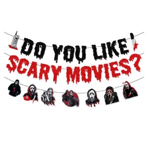 scream halloween decorations,do you like scary movies banner,pre-strung glitter scream party decorations for halloween movie night,horror birthday party decorations,ghost face decor supplies