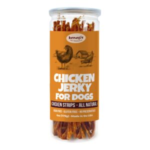 benefit pet products chicken jerky for dogs, rawhide free, single ingredient, dog jerky sticks - real chicken, healthy dog treats, easily digestible, made in usa (6oz jar)