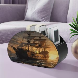 Desktop Organizer Store Fantasy Pirate Ship Printed Remote Storage Box Remote Control Holder with 5 Compartments for TV Remotes/Media Controllers/Office