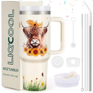 liqcool highland cow gifts-40 oz tumbler with handle, cow print gifts for girls who love highland cow cup, cow theme stuff birthday gifts for farmers cow lovers(full printing)