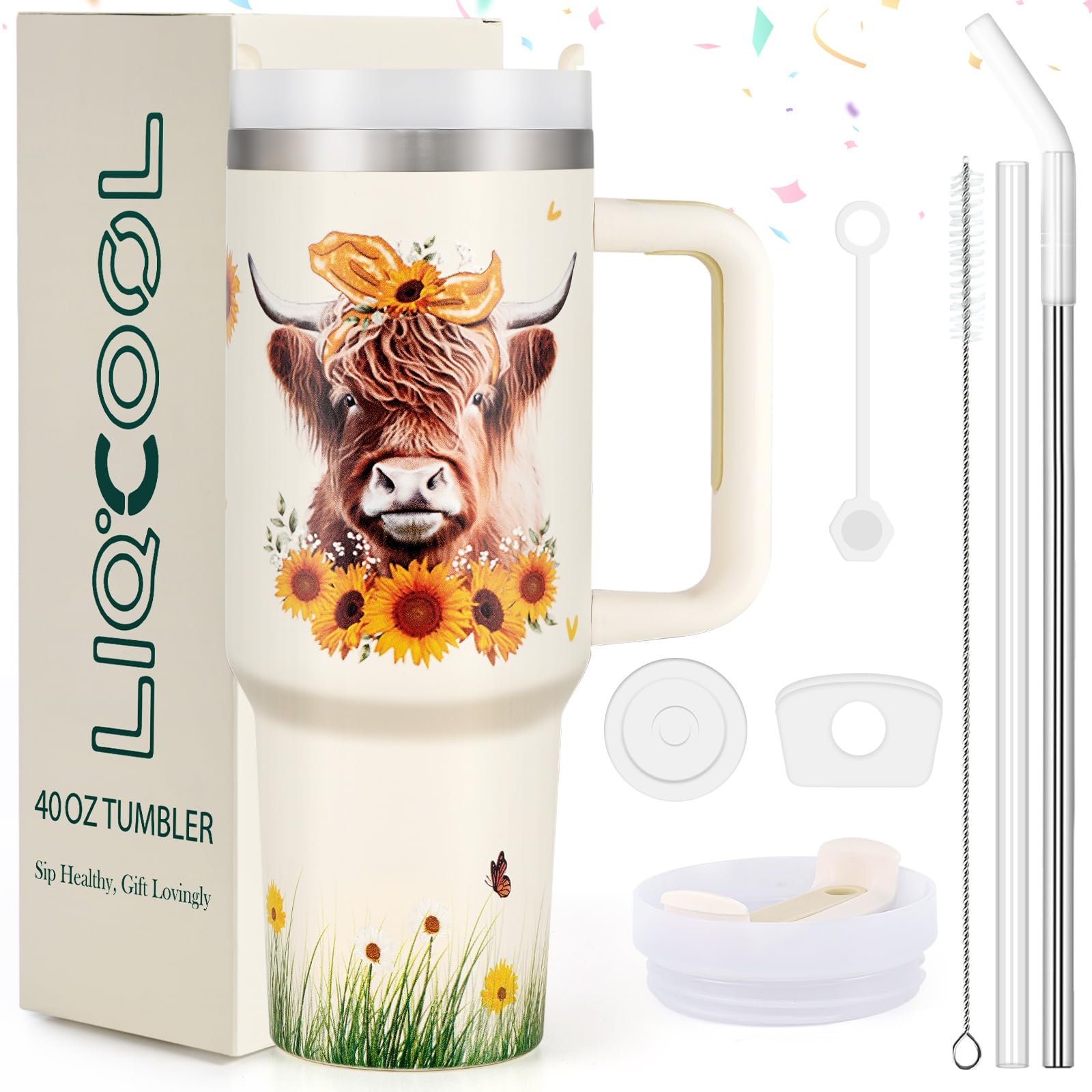 LiqCool Highland Cow Gifts-40 Oz Tumbler with Handle, Cow Print Gifts for Girls Who Love Highland Cow Cup, Cow Theme Stuff Birthday Gifts for Farmers Cow Lovers(Full Printing)