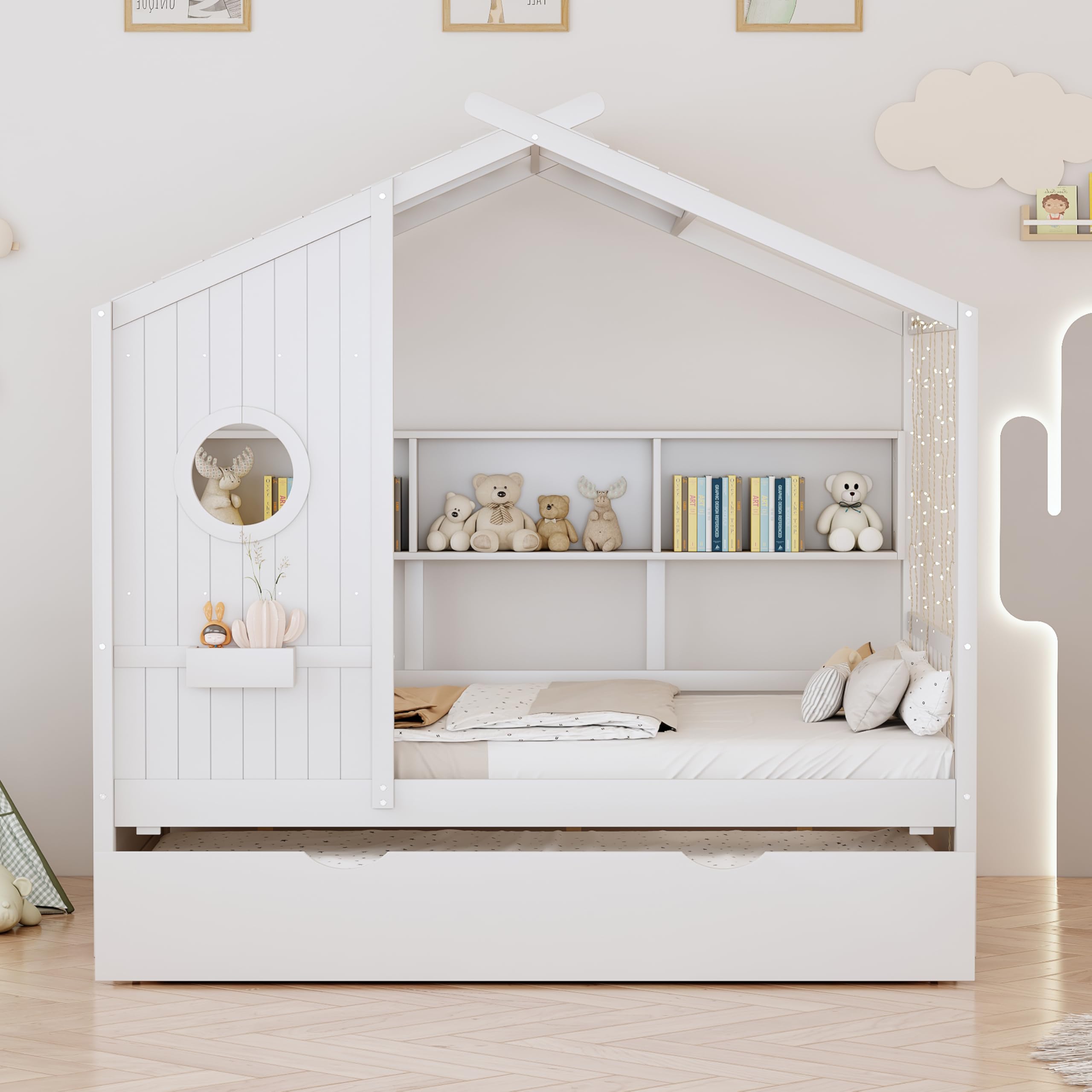 Full Size House Bed with Trundle for Kids,Full Kids Bed Frame with Storage Shelves,Wood House Bed Frame for Girls,Boys,Can be Decorated,White