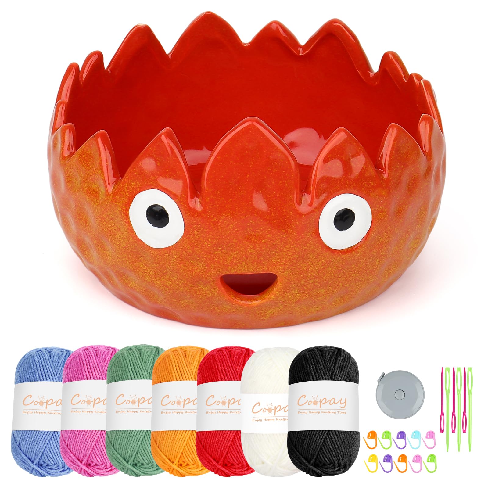 Coopay Flame Yarn Bowl for Crocheting/Knitting, Cute Yarn Storage Bowl with 7PCS Yarn & Accessories, Large Size Ceramic Yarn Bowl 6in Crochet Knitting Bowl for Beginners, Great Knitting Crochet Gift