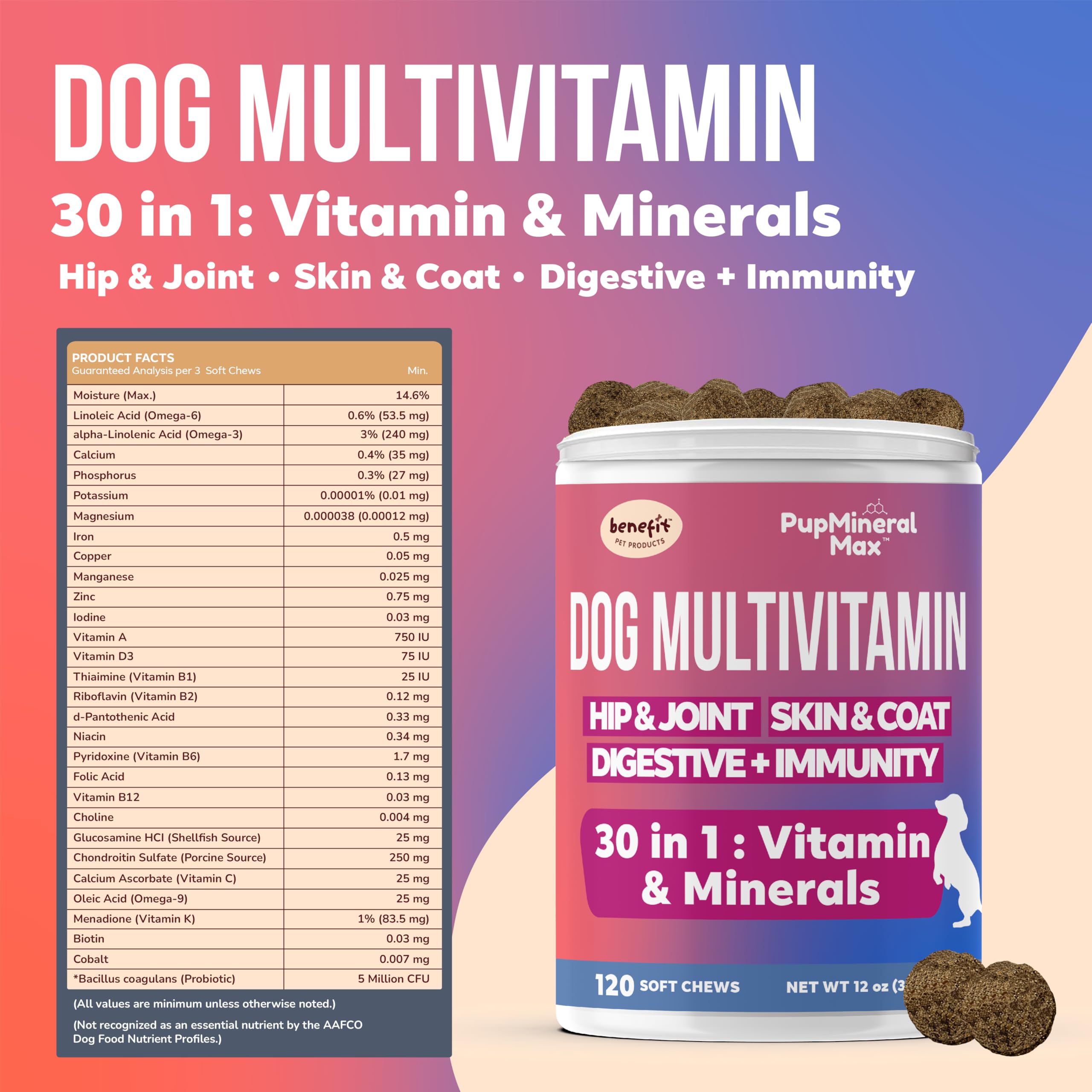 Dog Multivitamin Soft Chews - 120 Count - Dog Joint Supplement, Digestive, Immune, Skin, Coat - Combined Advanced Vitamins for Dogs, All Dog Ages - Made in USA