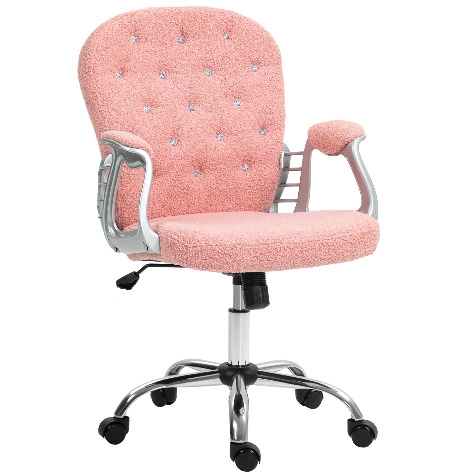 Vinsetto Teddy Fleece Home Office Chair, Button Tufted Desk Chair with Padded Armrests, Adjustable Height and Swivel Wheels, Pink