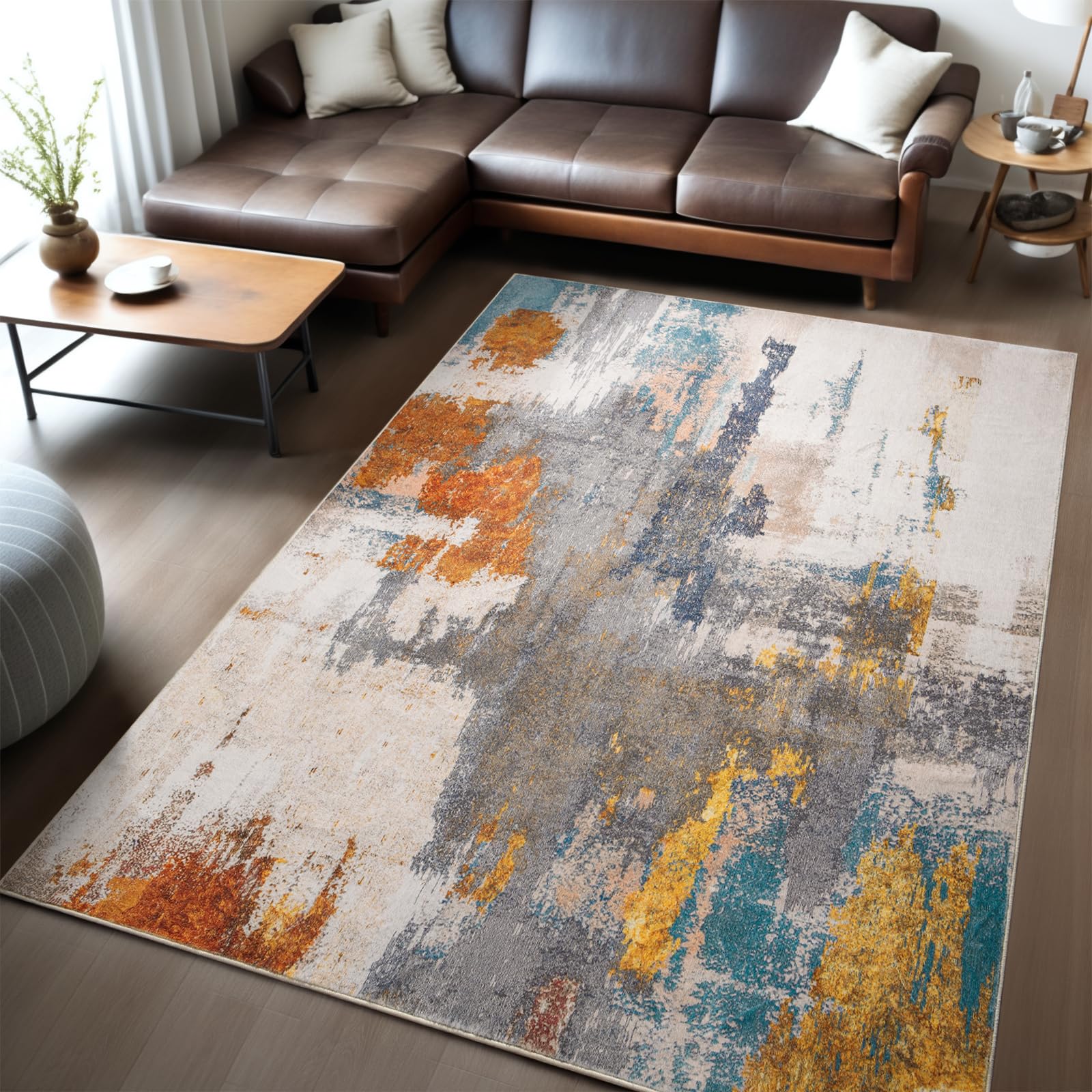 Area Rug Living Room Rug, 5x7 Modern Abstract Washable Rug Grey Non Slip Foldable Faux Wool Vintage Rug, Fluffy Non-Shedding Faux Wool Carpet for Living Room, Bedroom, Dining Room, Kids Playroom