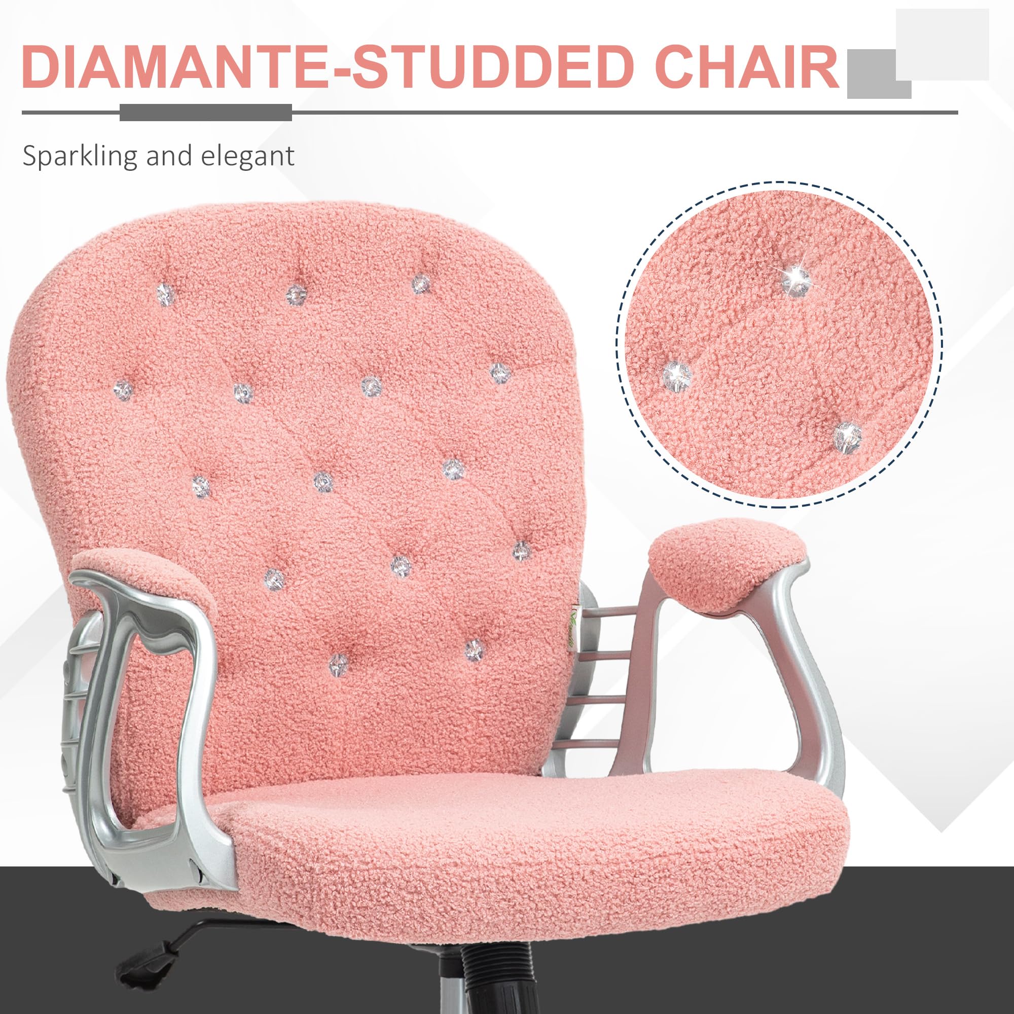 Vinsetto Teddy Fleece Home Office Chair, Button Tufted Desk Chair with Padded Armrests, Adjustable Height and Swivel Wheels, Pink