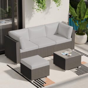 GarveeLife 5-Piece Outdoor Patio Rattan Wicker Sofa Set, Pe Rattan Conversation Sectional with Thickened Back Cushion, Glass Tabletop, Ottoman - Ideal for Courtyard Space, Light-Grey