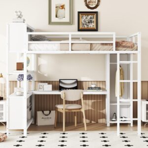 Linique Full Size Metal Loft Bed with L-Shape Desk, Wardrobe and Storage Shelves, Full Length Guardrail and Ladder, White