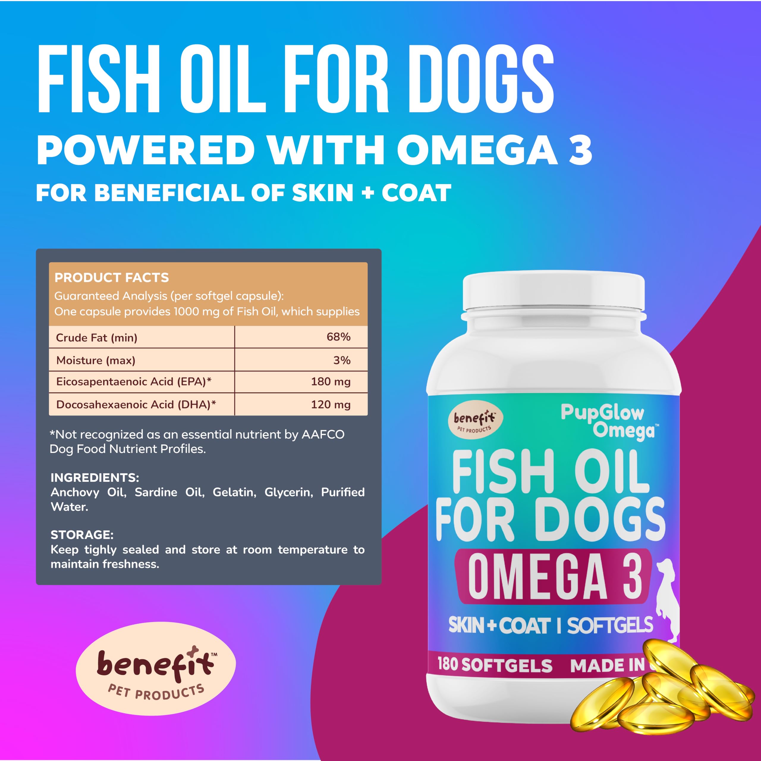 Omega 3 Fish Oil for Dogs - 120 SoftGels - Skin & Coat Supplement for Dogs, Supports Healthy Skin, Coat, Joints, Heart & Immune System, Premium Fish Oil Supplement for Dogs - Made in USA