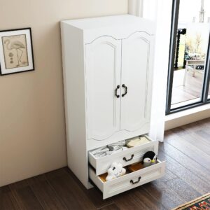 Janmer Home Armoire Wardrobe Closet with 2 Drawers, Tall Wooden Wardrobe Closet with 2 Doors and Hanging Rail, Free Standing White Armoire for Bedroom (Retro, White)