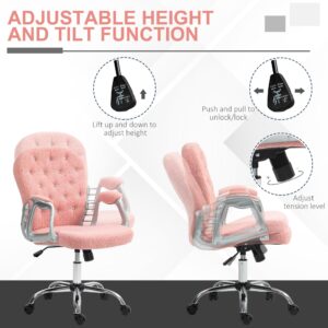 Vinsetto Teddy Fleece Home Office Chair, Button Tufted Desk Chair with Padded Armrests, Adjustable Height and Swivel Wheels, Pink