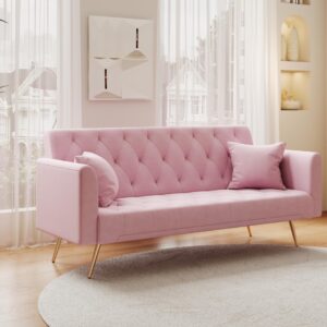 TZXTW Comfy Loveseat with Adjustable backrest,Convertible Sleeper Sofa Bed with Gold Leg and 2 Pillows,Upholstered Futon Sofa,Small Couches for Small Spaces,Living Room,Bedroom,Apartment,Office,Pink