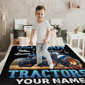 Custom Tractor Blanket for Boy with Name, 50 x 40 Inches Kids Blanket for Kids, Just A Boy Who Loves Tractors, Cozy Flannel Throw Blanket Gift, Soft Black Truck Throws for Couch Sofa Tractor Party