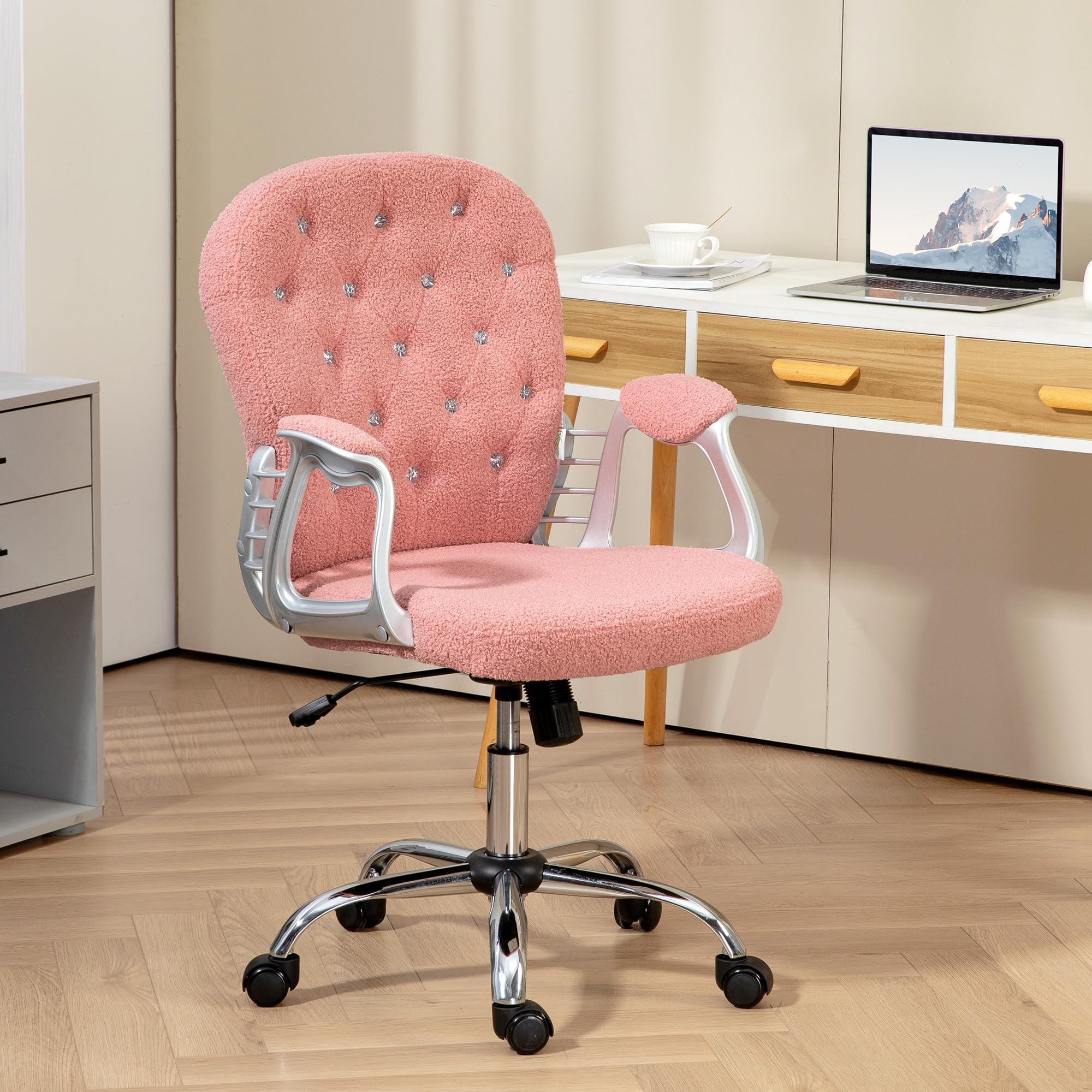 Vinsetto Teddy Fleece Home Office Chair, Button Tufted Desk Chair with Padded Armrests, Adjustable Height and Swivel Wheels, Pink