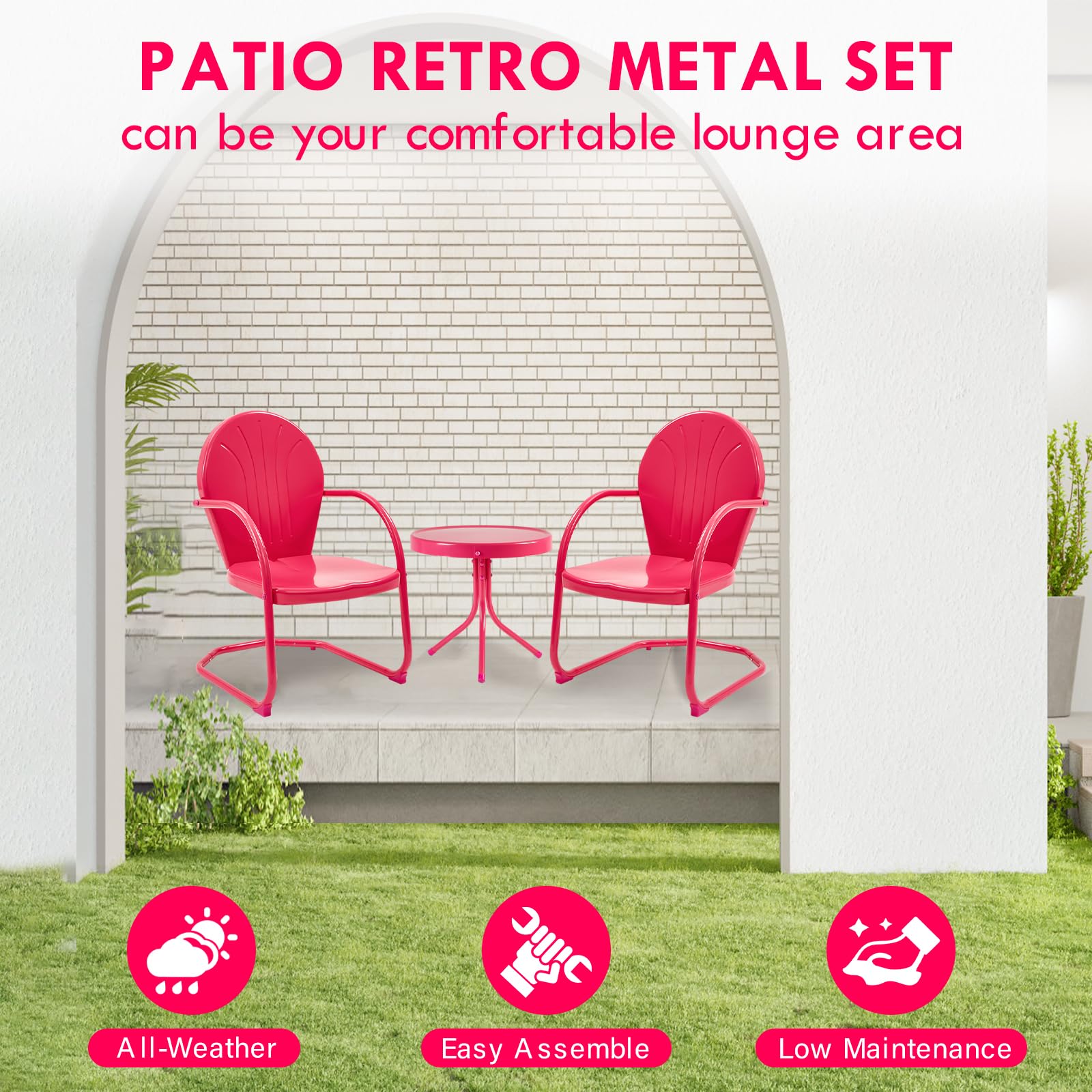 Marcytop Outdoor Bistro Set, 3 Pieces Retro Metal Porch Furniture Set, All-Weather Patio Bistro Set, 2 C-Spring Metal Chairs and Round Side Table for Porch, Garden, Lawn and Balcony, Rose