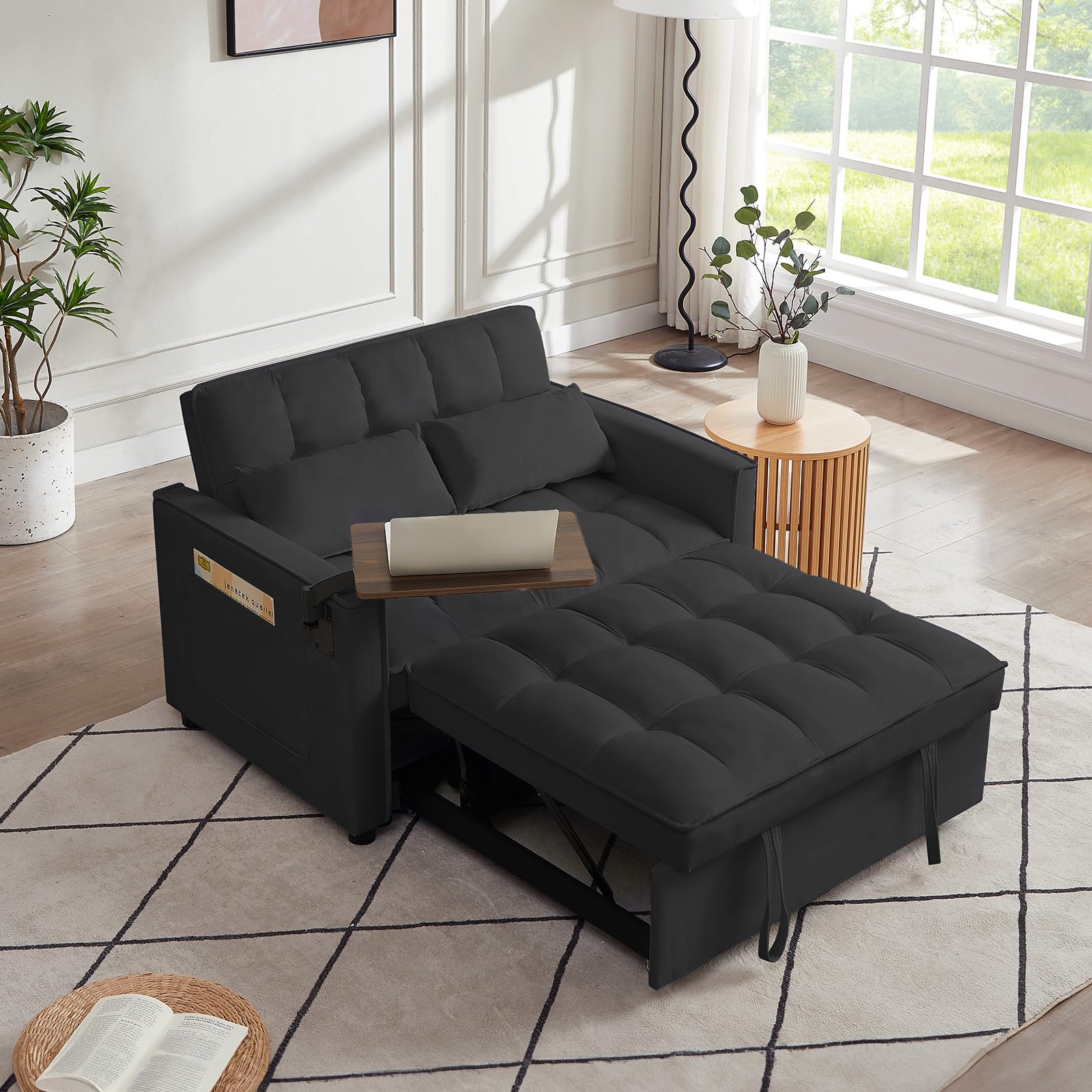 JEEOHEY 3 in 1 Sleeper Sofa Bed,47" Velvet Tufted Futon Pull Out Couch Bed,2 Seater Loveseat Chaise Lounge with Reclining Adjustable Backrest&Table for Living Room,Apartment,Office,Small Space(Black)