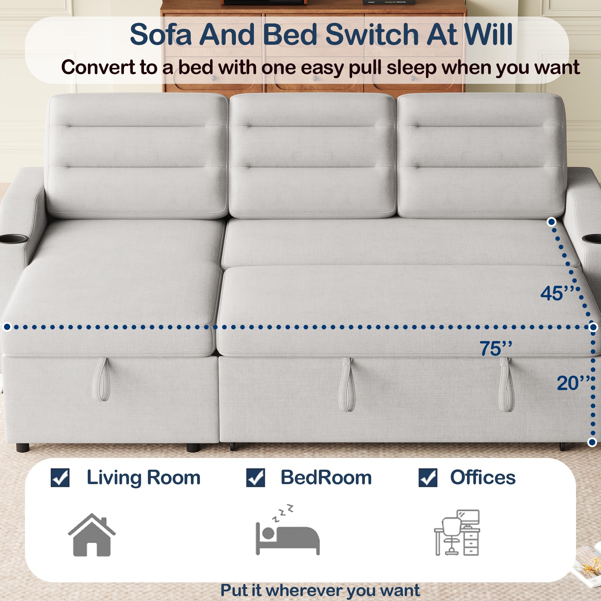 QKFF 83.5'' Convertible Sleeper Sofa Bed, 3 Seat L-Shaped Sectional Sofa Pullout Couch Bed with Storage Chaise, Cup Holder for Apartments/Living Room/Office