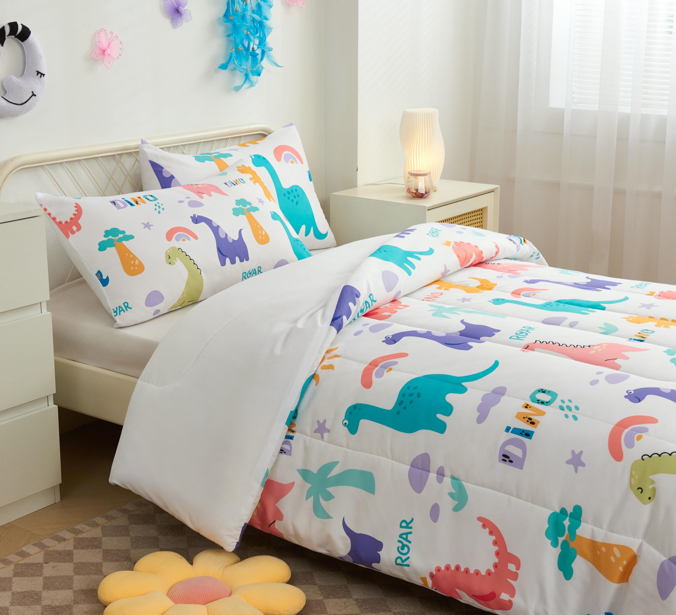 YHXSLY Dinosaur Comforter Set Twin Size, 3 PCS Dinosaur Print Cartoon Kids 3D Quilts Bedding Sets Room Decor Bedding Set All Season for Child Gift Birhday Halloween (Dino, Twin)