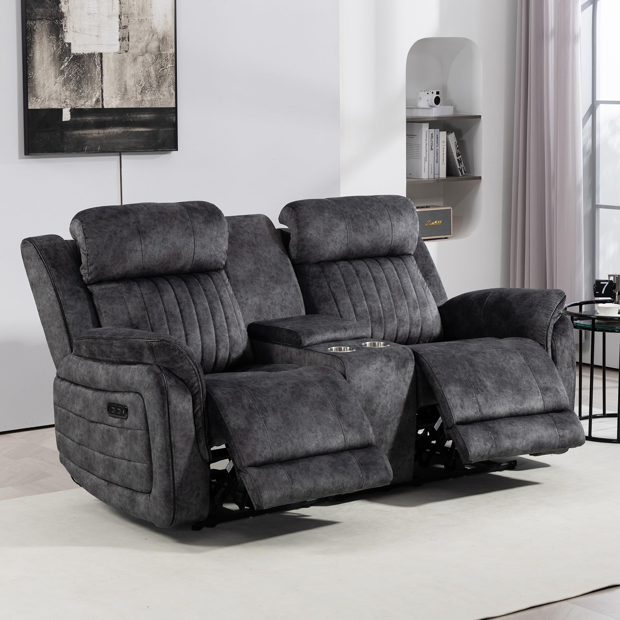 Consofa Zero Gravity Reclining Loveseat with Adjustable Headrest, Power Reclining Loveseat with Console, RV Wall Hugger Loveseat Recliner with USB & Type-C Ports for Living Room (Grey)