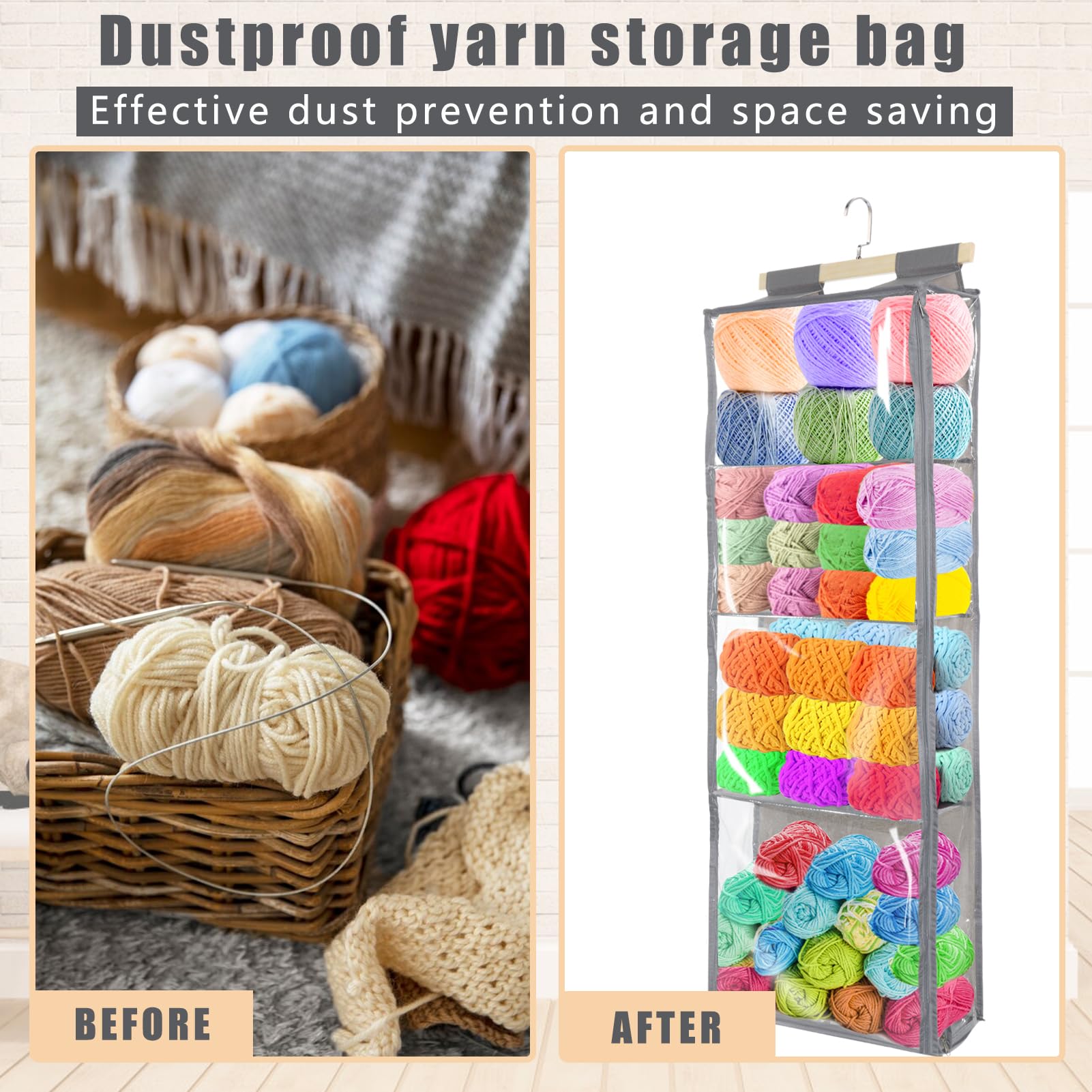 YEXEXINM Hanging Yarn Storage with 4 Large Pockets, Clear Knitting Organizer Storage with Zippers for Crochet Lovers, Hanging Yarn Holder with Over-Door Hooks for Knitting Needles Crochet Hooks