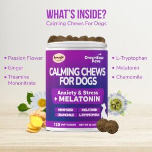 Calming Chews for Dogs - Dog Calming Chews for Separation, Dog Anxiety Relief Treats, Dog Sleep Support - Chamomile, and Melatonin for Dogs - 120 Soft Chews, Made in USA