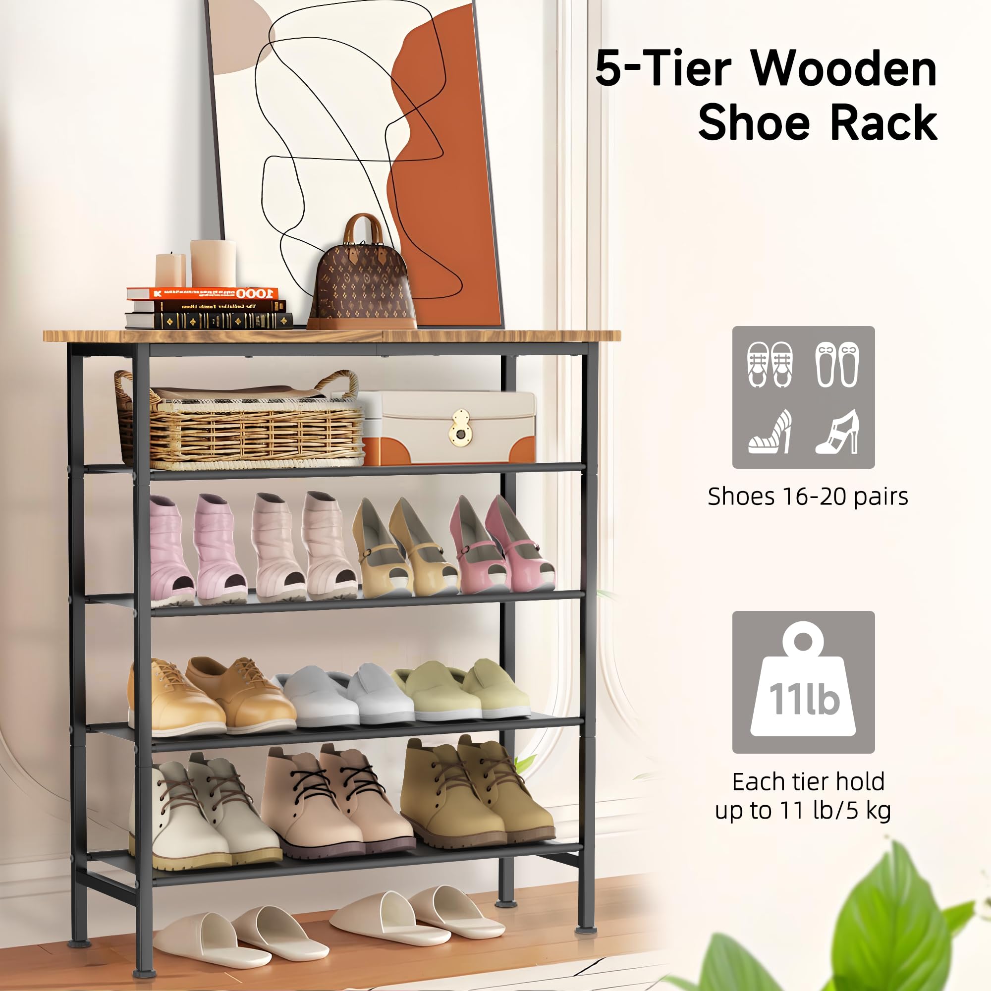 isightguard Shoe Rack Organizer, 5 Tier Shoe Storage Rack, Shoe Shelf Holds 16-20 Pairs of Shoes, Shoe Tower for Closet Entryway, Free Standing Shoe Racks with Sturdy Wooden Top Panel and Steel Frame