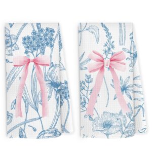 pugwak coquette bow flower kitchen dish towels 16x24 inch set of 2, girly bowknot blue gifts for girl women, preppy trendy ribbon decorative hand towels tea towels for girl dorm home