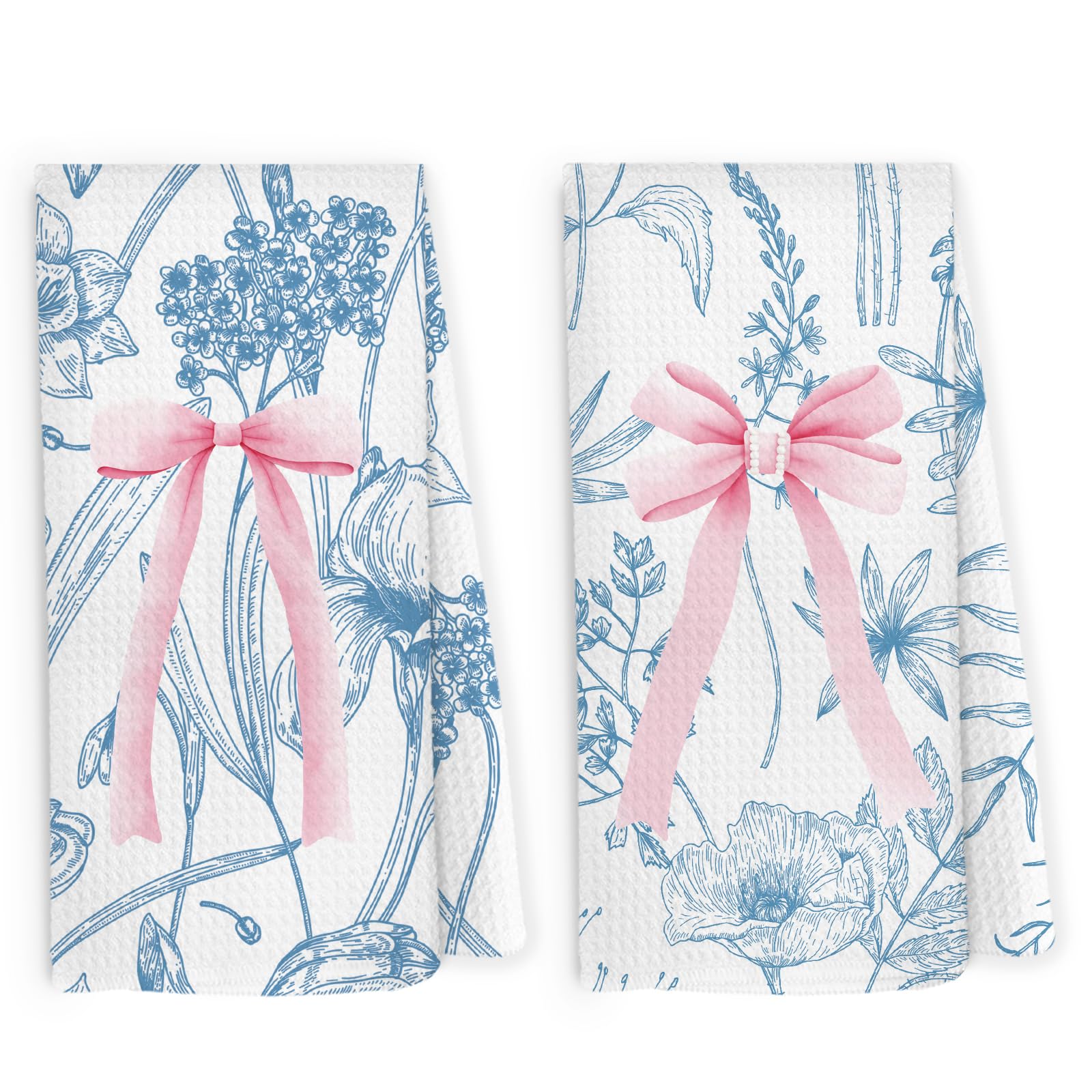 Pugwak Coquette Bow Flower Kitchen Dish Towels 16x24 Inch Set of 2, Girly Bowknot Blue Gifts for Girl Women, Preppy Trendy Ribbon Decorative Hand Towels Tea Towels for Girl Dorm Home