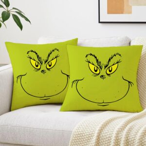 Yaofavo Christmas Decorative Throw Pillow Cover, Merry Grinchmas Cushion Covers Xmas, Green Face Pack of 2 Pillowcase Only (Green Face, 18 x 18 Inch)