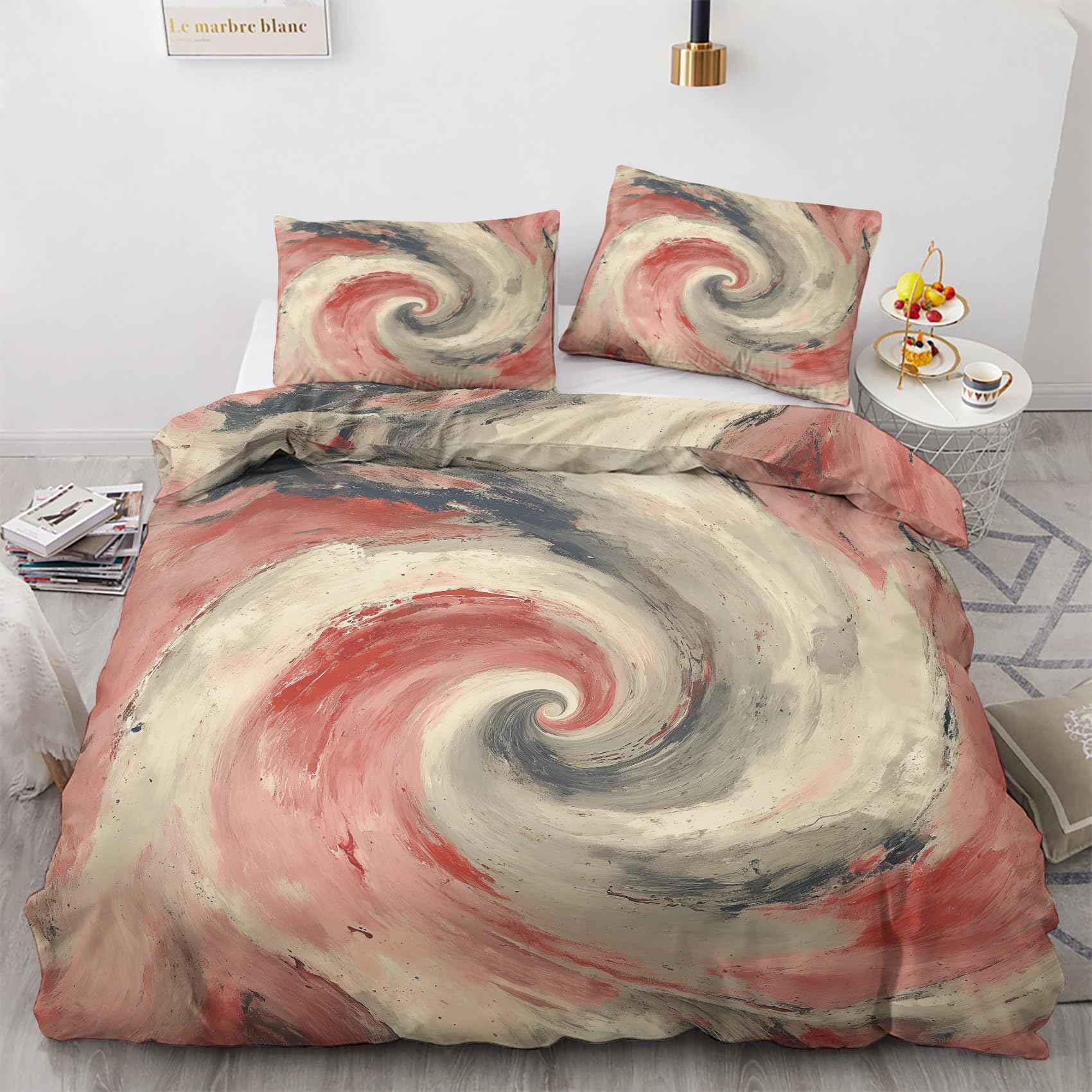 FJWXCBD Abstract Swirl Duvet Cover Full Size, Red and Beige Pattern Bedding Set 3 Piece for Bedroom Decor, Modern Artistic Duvet Cover & 2 Pillow Shams, with Zipper & Ties, Super Soft Microfiber