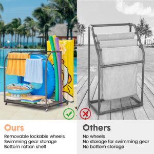 TROPOW Pool Towel Rack,Outdoor Pool Storage with Rattan Base and 5 Towel Bars,Pool Float Storage with Compartments, Store Swimming Rings, Buoys, Pool Floats, Suitable for Outdoor/Indoor