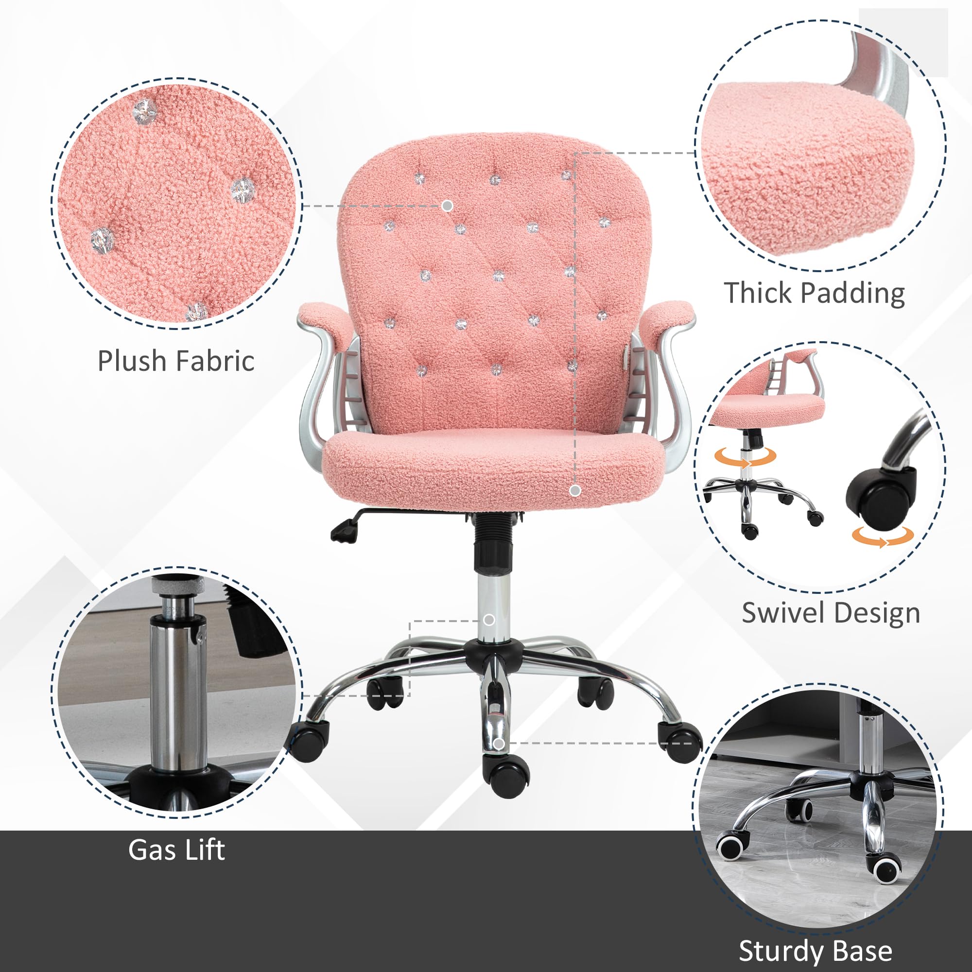 Vinsetto Teddy Fleece Home Office Chair, Button Tufted Desk Chair with Padded Armrests, Adjustable Height and Swivel Wheels, Pink