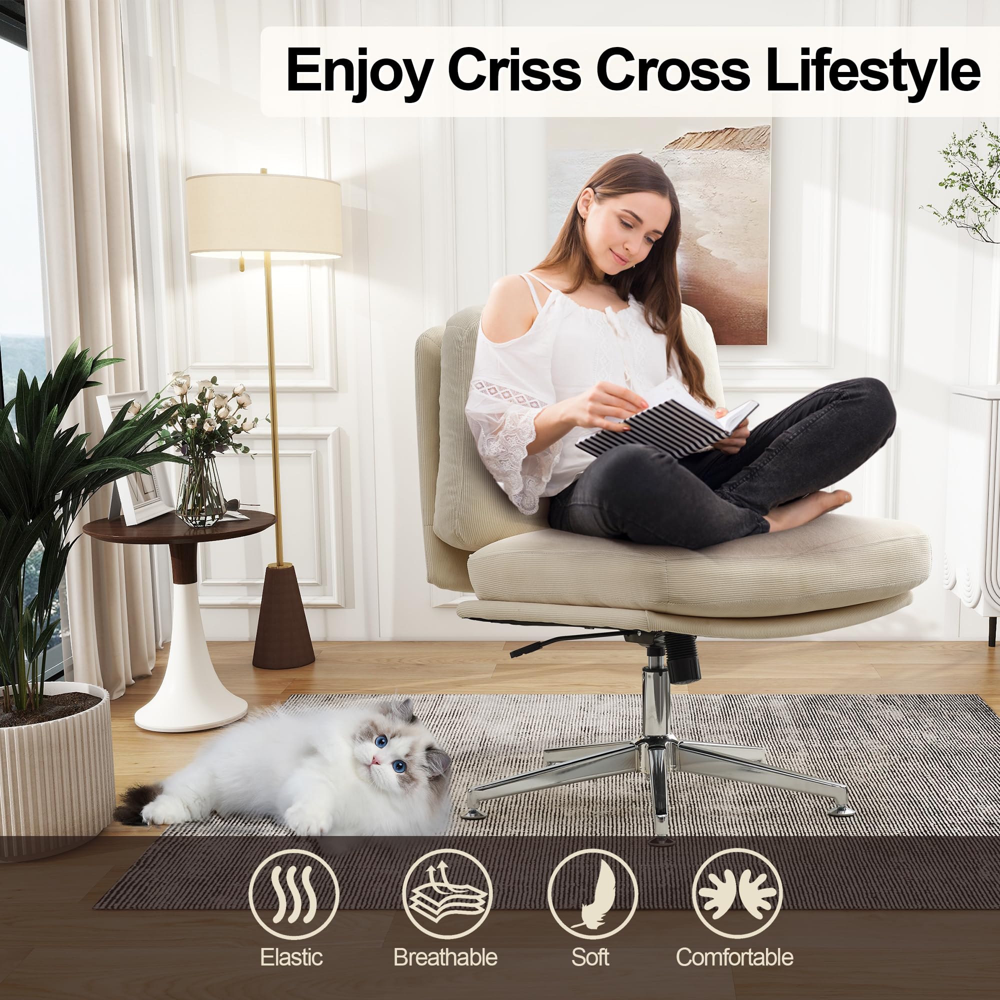 Okeysen Criss Cross Desk Chair No Wheels, Height Adjustable Armless Office Desk Chair, Swivel Accent Chair, Wide Comfy Reading Chairs, Modern Cross Legged Sitting Chair for Living Room, Bedroom