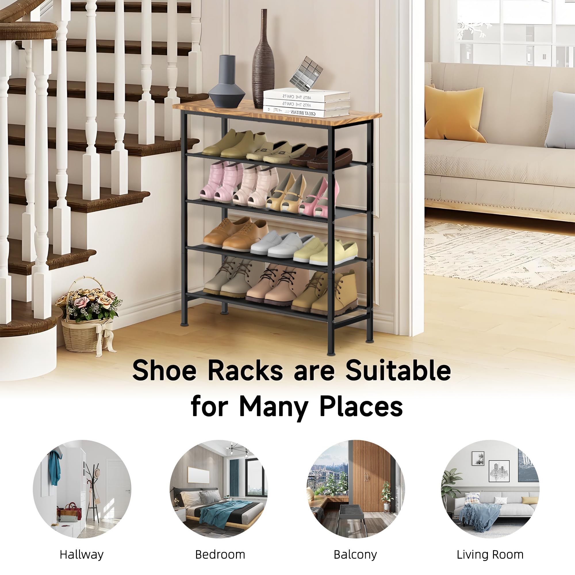 isightguard Shoe Rack Organizer, 5 Tier Shoe Storage Rack, Shoe Shelf Holds 16-20 Pairs of Shoes, Shoe Tower for Closet Entryway, Free Standing Shoe Racks with Sturdy Wooden Top Panel and Steel Frame