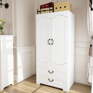 janmer home armoire wardrobe closet with 2 drawers, tall wooden wardrobe closet with 2 doors and hanging rail, free standing white armoire for bedroom (retro, white)