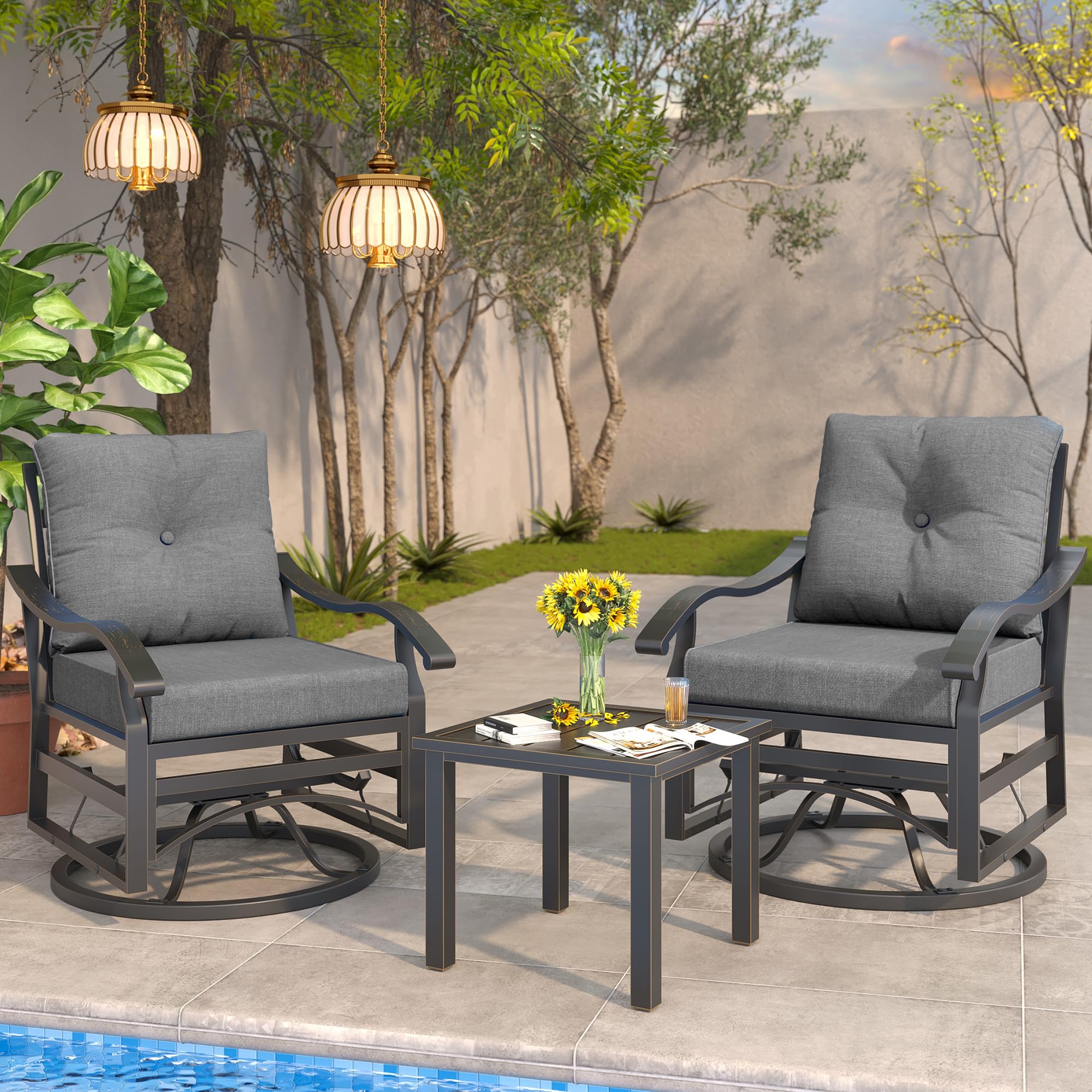 UDPATIO Outdoor Swivel Rocker Chairs, 3 Piece Metal Patio Rocking Chairs with Grey Padded Cushions Patio Bistro Furniture Set with Side Table for Porch Balcony Backyard, Grey