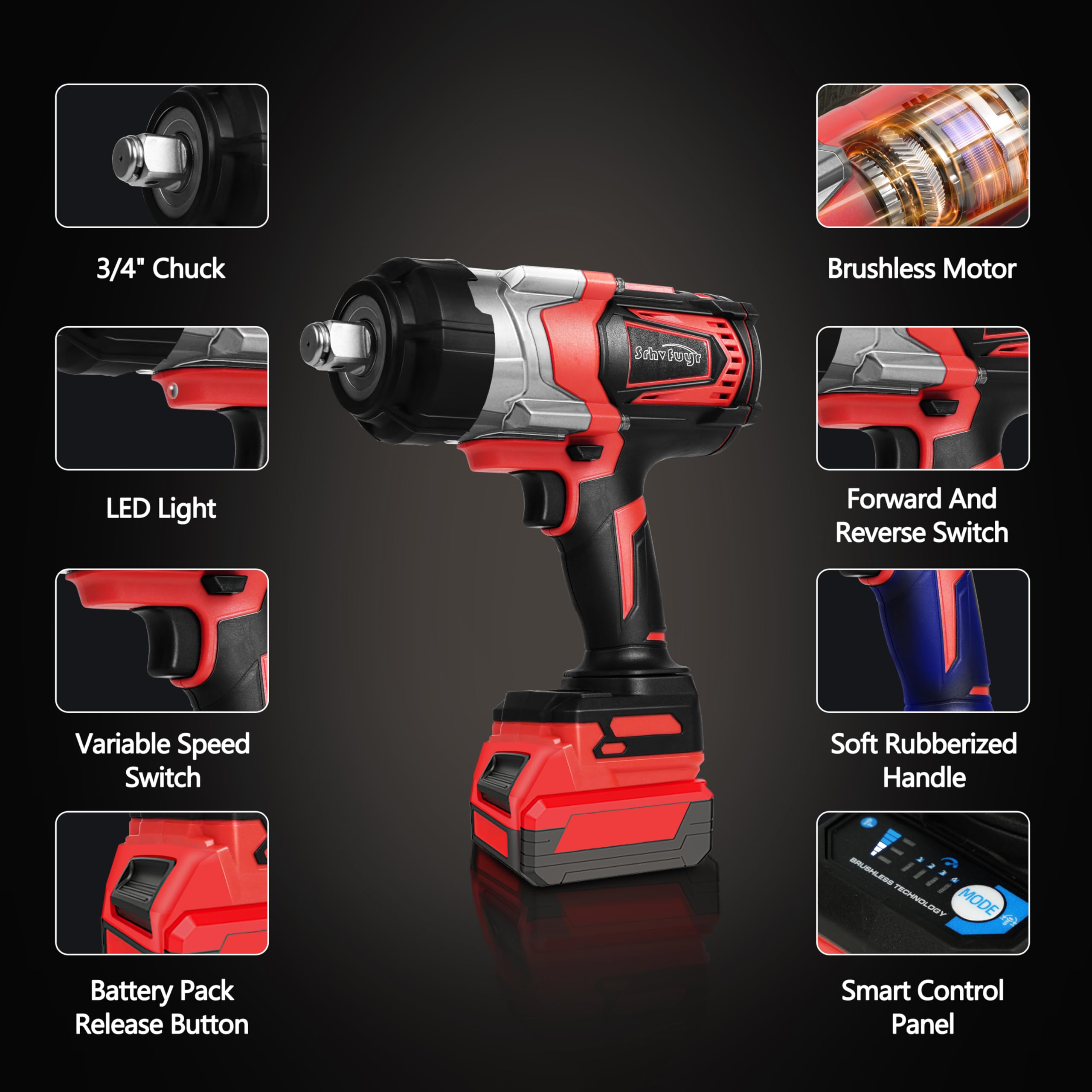 Srhvfuyr Cordless Impact Wrench 3/4 inch for Milwaukee 18V Battery, 1500FT-LBS(2000N.m) High Torque Brushless Electric Impac Gun, With 3 Speed Modes Power Impact Driver(No Battery)