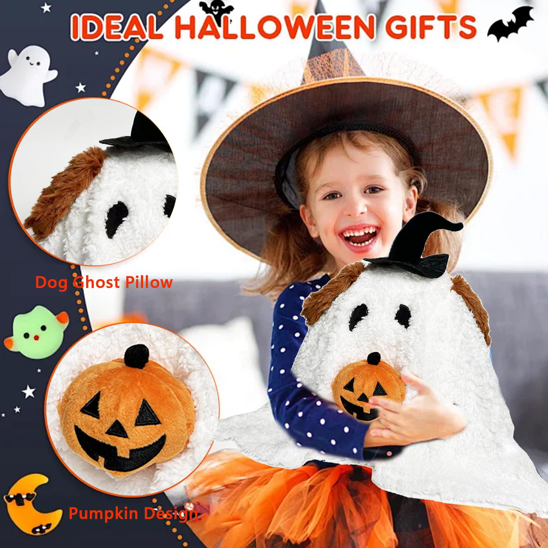 Rdogeia Ghost with Pumpkin Pillow,Dog Ghost Holding Pumpkin Plush,Cute Halloween Toys Halloween Stuffed Animal,Halloween Party Favors,Halloween Treat Bag Stuffers Gifts Kids Boys Girls