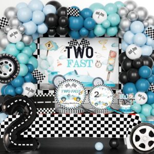 fiesec two fast birthday decor, 2nd birthday decorations for boys, race car second party supplies, retro vintage car backdrop balloon tablecloth cake topper tableware set plates napkins forks