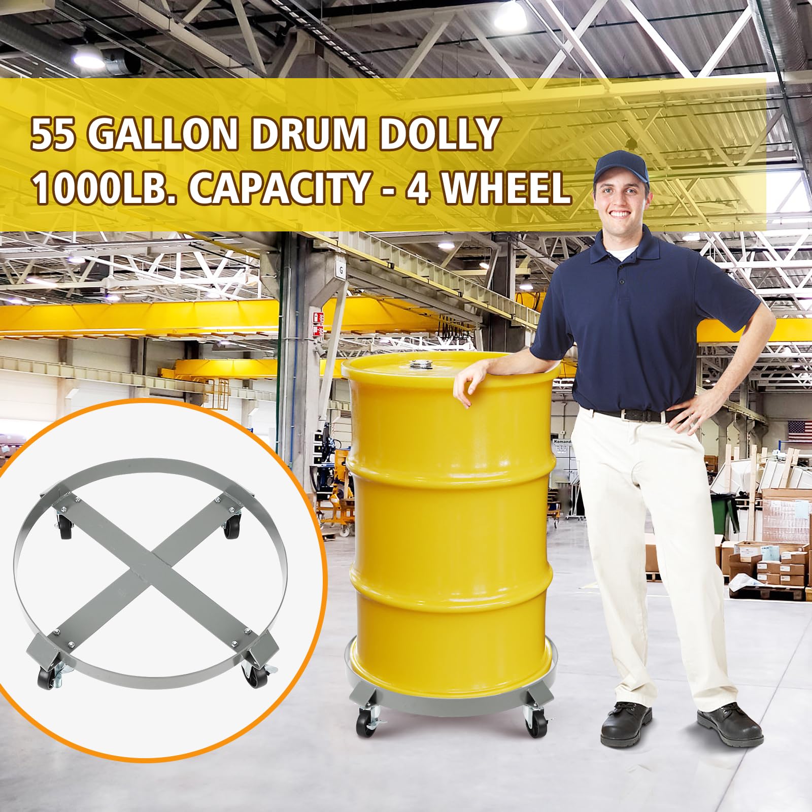 GarveeTech 55 Gallon Drum Dolly - 4 Wheels, 1000lbs Load Capacity, 67cm Outer Ring, 3" Universal Casters, 2 Braked Rollers