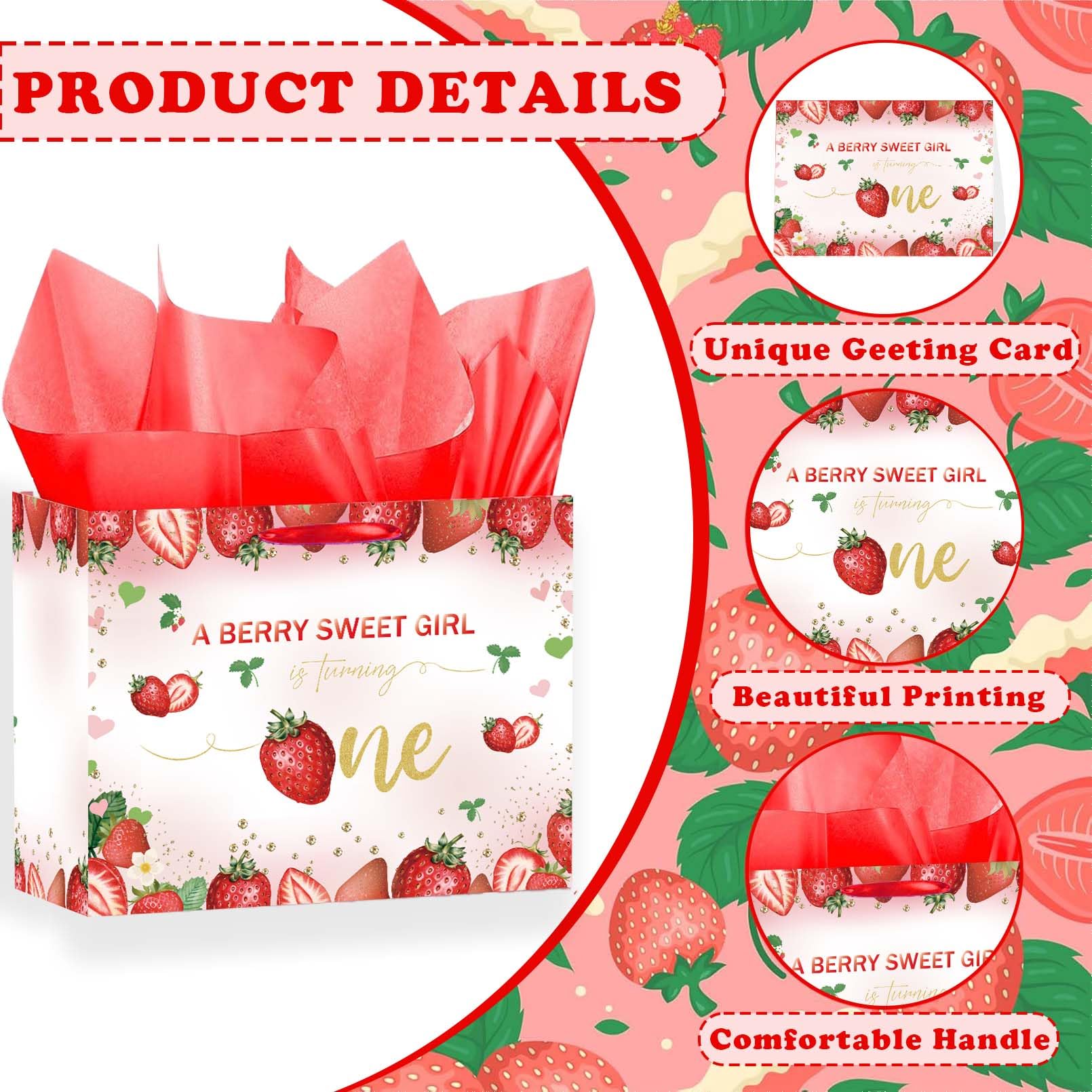 SUNDECO Strawberry Themed 1st Birthday Gift Bag with Red Tissue Paper and Card – Large Baby Girl Gift Bag for Birthday, Baby Shower, Berry First Birthday Decor, Baby Wrapping Paper Set