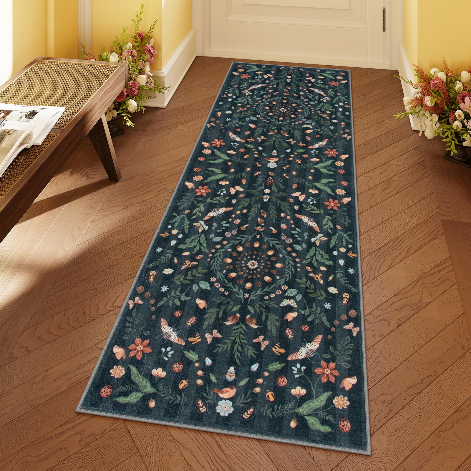 Lahome Insect Botanical 2x6 Washable Rug Runners for Hallways Non Slip,Black Bathroom Carpet Runner Kitchen Runner Rugs Non Skid,Soft Non-Slip Entryway Indoor Runners for Laundry Bedroom(Black,2x6)