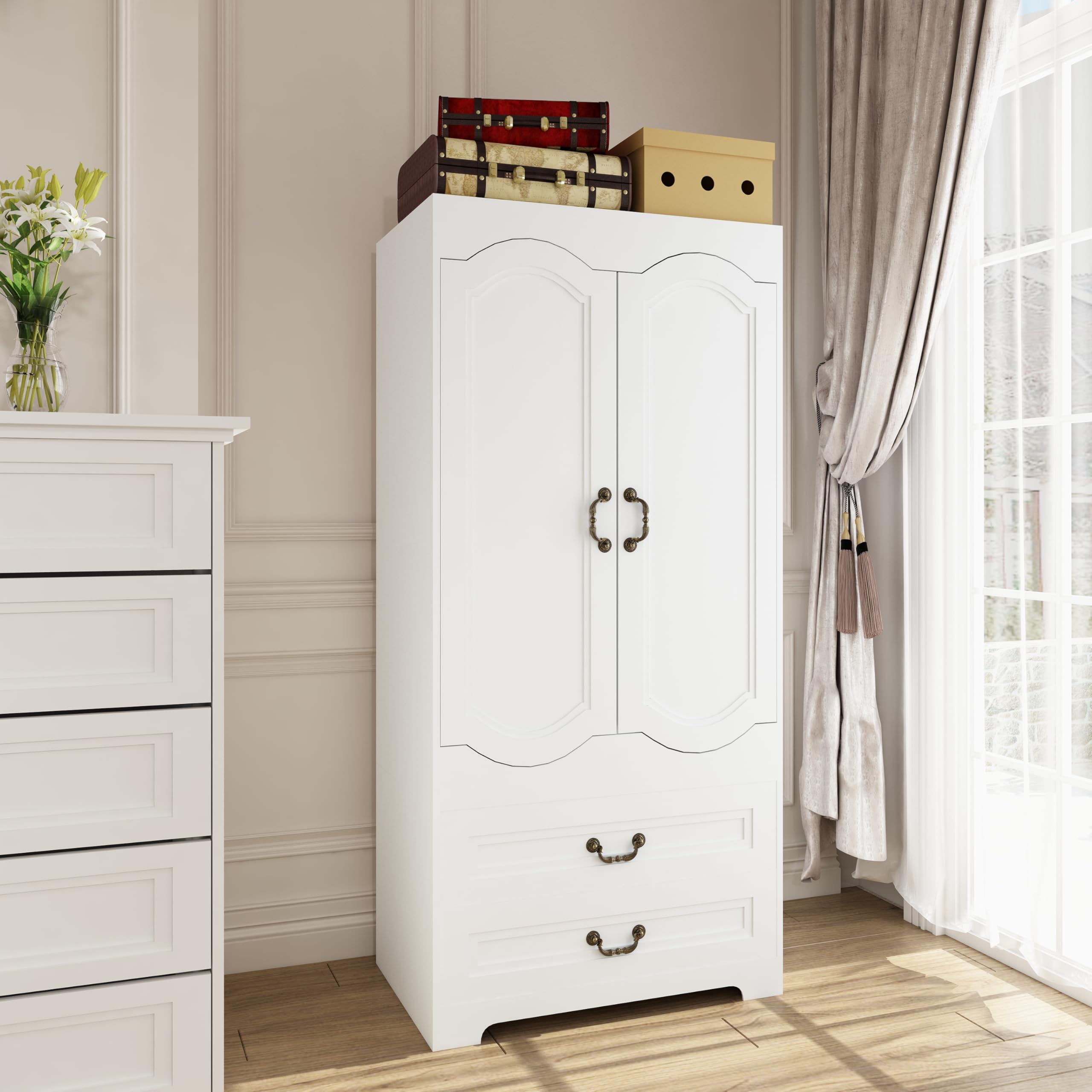 Janmer Home Armoire Wardrobe Closet with 2 Drawers, Tall Wooden Wardrobe Closet with 2 Doors and Hanging Rail, Free Standing White Armoire for Bedroom (Retro, White)